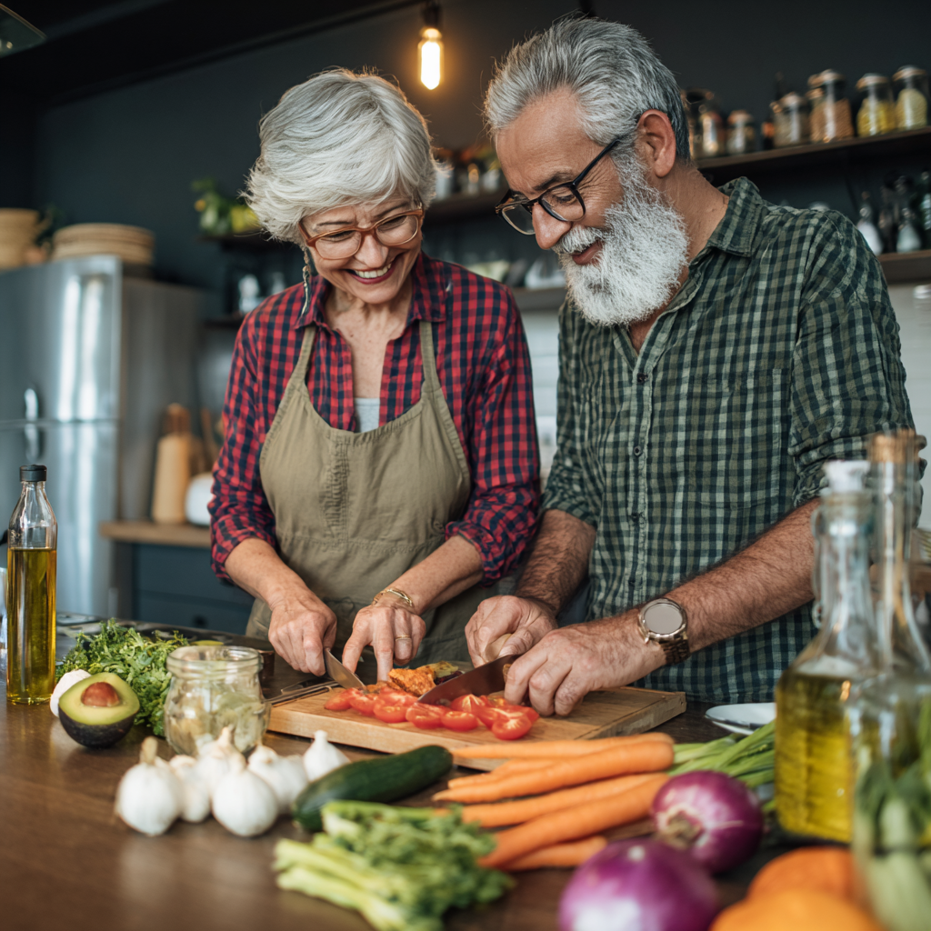 Senior couple preparing healthy balanced meal together in modern kitchen